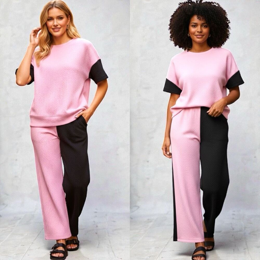 Pink & Black Texture Contrast T-Shirt and Wide Leg Pants Lounge Set NWT - Picture 2 of 8